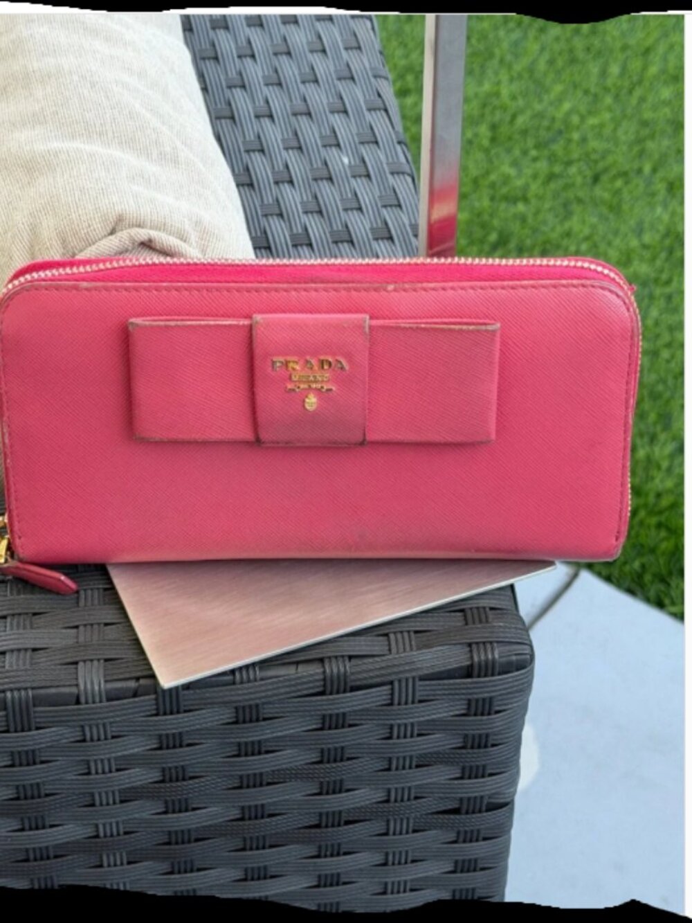 Prada Pink Saffiano Leather Bow Zip Wallet